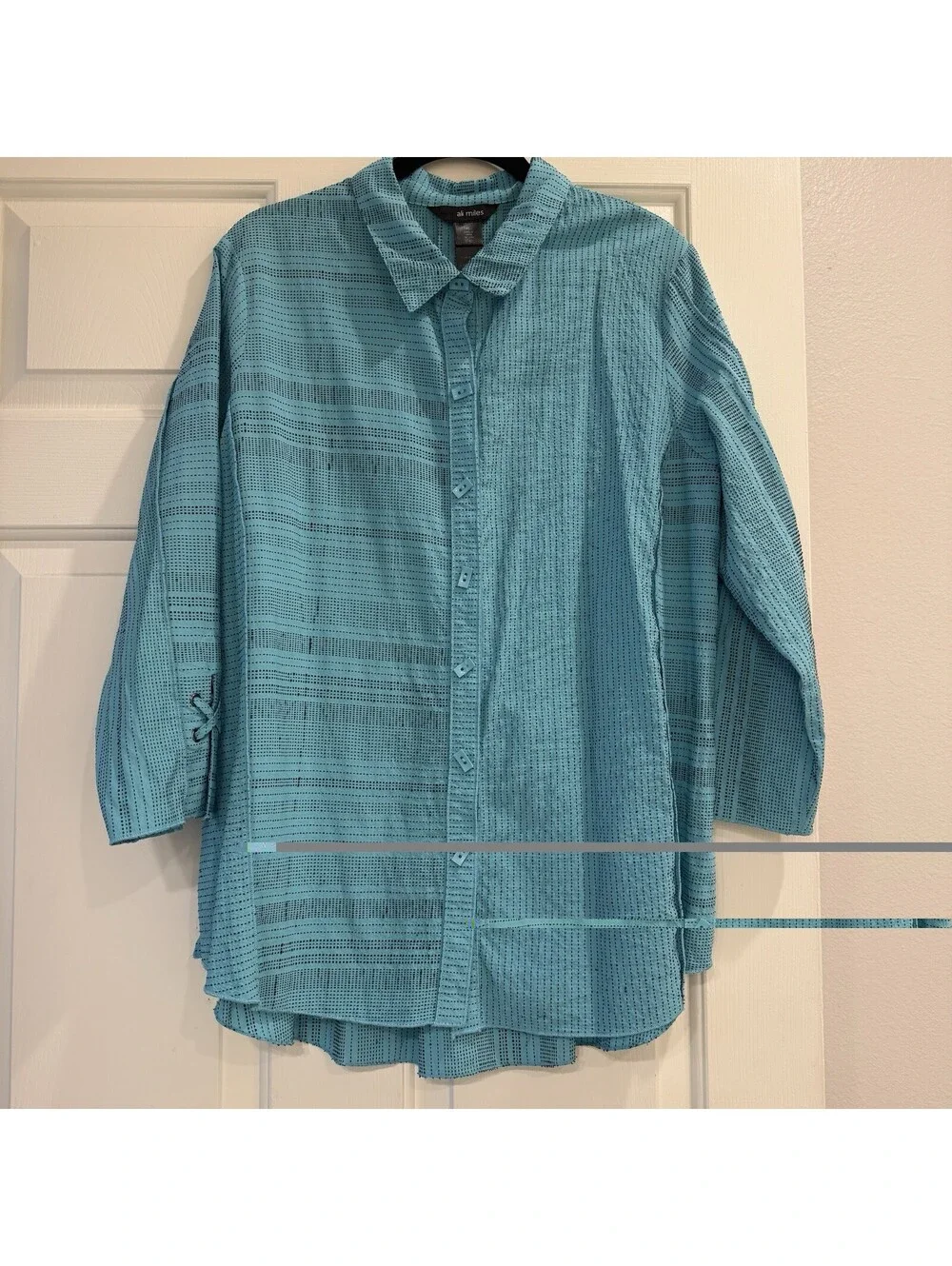 Ali Miles Artsy Blue Black Theading Button Up Shirt Top XL Extra Large Collared